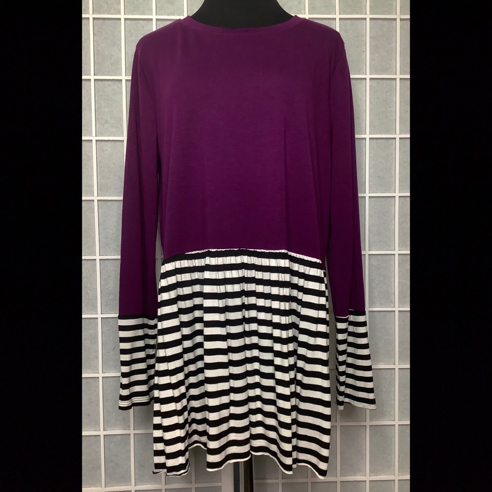 XL Zenana purple, and black and white striped long sleeve top.